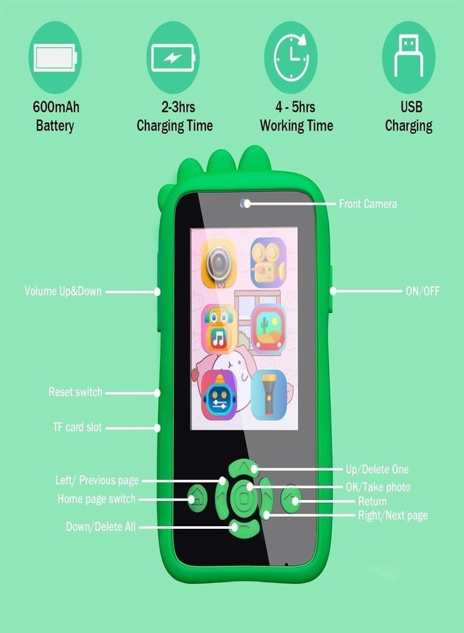 iDensic Kids Smart Phone for Girls - Birthday Gifts for Kids Age 3-10 Toys Cell Phone, 2.8" Touchscreen with Dual Camera Selfie Phone - Toddler Learning Play Toy (Green Dino) - Image 3